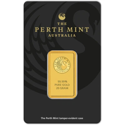 Barra de oro de 20 gramos - Casa de la Moneda de Perth - 99,99 fina en ensayo Foto 1 de 4