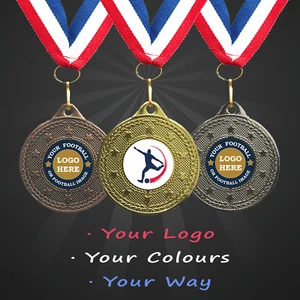 Personalised Football Medals with Ribbon + Engraving + Your Logo - Picture 1 of 6