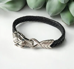 John Hardy Naga Dragon Men's Silver Black Leather Bracelet with Sapphire Eyes - Picture 1 of 5