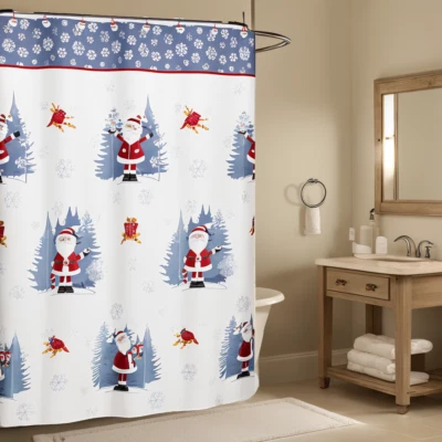 Cortina de ducha de baño de Navidad azul blanco vacaciones Papá Noel con 12 ganchos de resina Foto 1 de 4