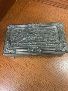 Antique Japan Pewter Metal Trinket Box Wood Lined Horse Buggy Front Etch Damaged - Picture 1 of 8