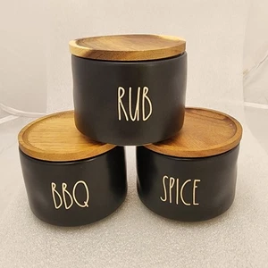 Rae Dunn BBQ RUB SPICE Stackable Black Cellars Cannister w/ Wooden Sealed Lids - Picture 1 of 9