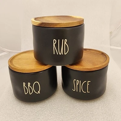 Rae Dunn BBQ RUB SPICE Stackable Black Cellars Cannister w/ Wooden Sealed Lids - Image 1 of 4