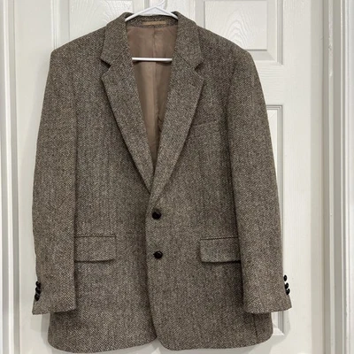 Vtg Harris Tweed Wool Sport Coat Blazer 42R Men’s Brown Tweed Leather Buttons - Image 1 of 4