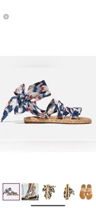 Robert Clergerie Isabela Raffia Natural Satin Printed Scarf Tie Sandals( 39.5) - Picture 1 of 9