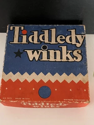 Tiddly Winks Whitman 3035 Game Blue Red Chevron Zig Zag Box Vintage USA - Image 1 of 4