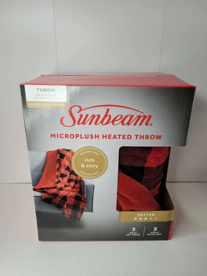 Sunbeam Heated Throw 50 pulgadas X 60 pulgadas rojo negro a cuadros 3 ajustes de calor reversibles  Foto 1 de 4