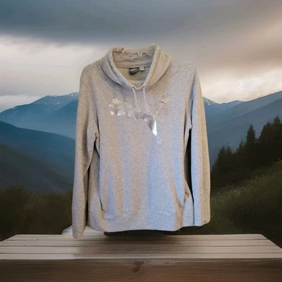 Puma Mock Neck Pullover Sweatshirt Women's Large Gray Silver Drawstring - Image 1 of 4