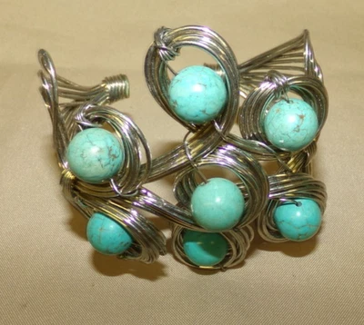 Brazalete ancho envolvente de alambre de piedra turquesa imitación azul tribal boho Foto 1 de 4