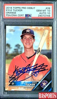 2016 KYLE TUCKER ROOKIE AUTOGRAPH ORANGE TOPPS PRO DEBUT #28 PSA 10 GEM MT - Image 1 of 2