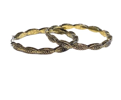 Vintage Premier Designs Jewelry Antique Gold Tone Scroll Etched Hoop Earrings - Image 1 of 4