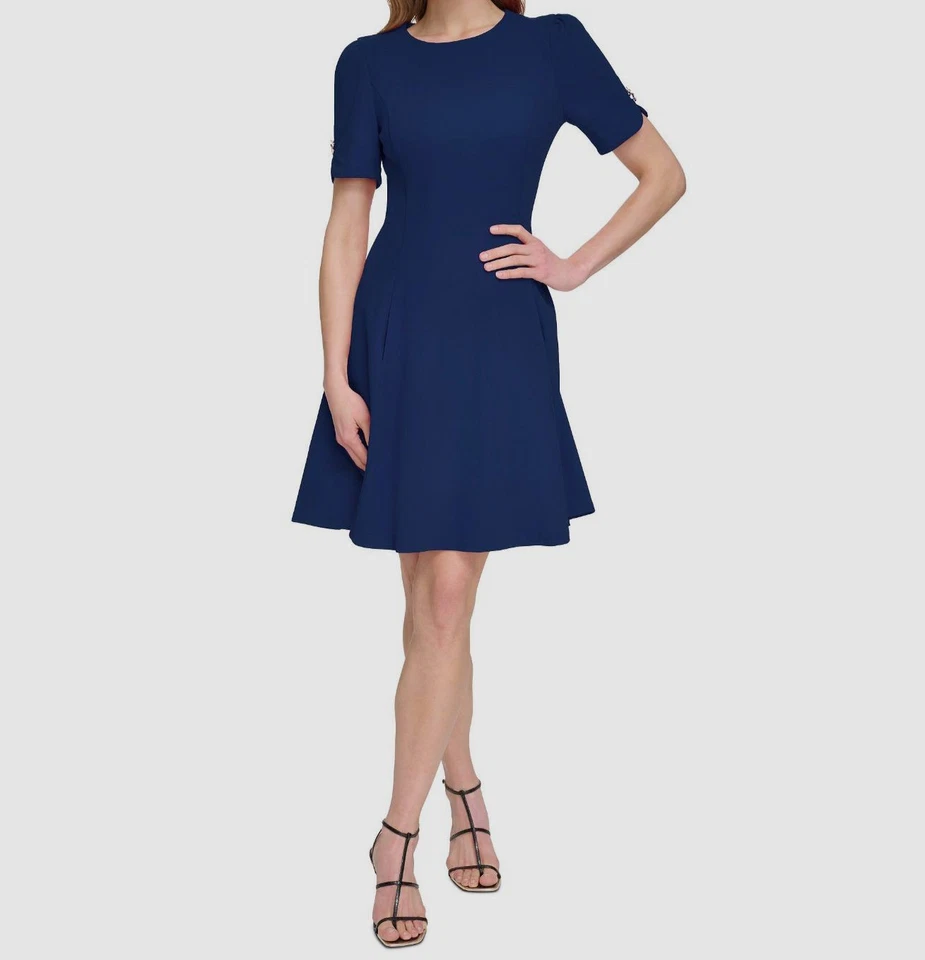 DKNY Women's Blue Scuba Crepe Jewel Neck Short Button Sleeve Dress Size 16 - Image 1 of 1