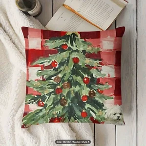 Merry Christmas Throw Pillow Cover - Festive Watercolor & Buffalo Plaid Designs - Picture 1 of 5