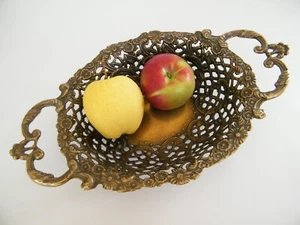 Vintage Large Brass Filigree Ornate Lattice Detail Oval Bowl Basket Metal Basket - Picture 1 of 10