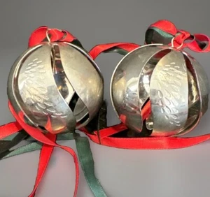 Georg Jensen Christmas Ornament Slotted Ball Silver Set Of 2 Red Green Ribbons - Picture 1 of 9