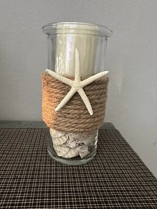 Beach Nautical Themed Glass Candle Holder With Shells And Starfish - Picture 1 of 4