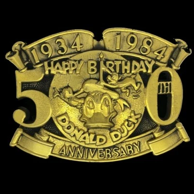 De colección Nuevo de Lote Antiguo Pato Donald 50 Cumpleaños 34-84 Walt Disney Fan Regalo Hebilla de Cinturón de Latón Foto 1 de 4