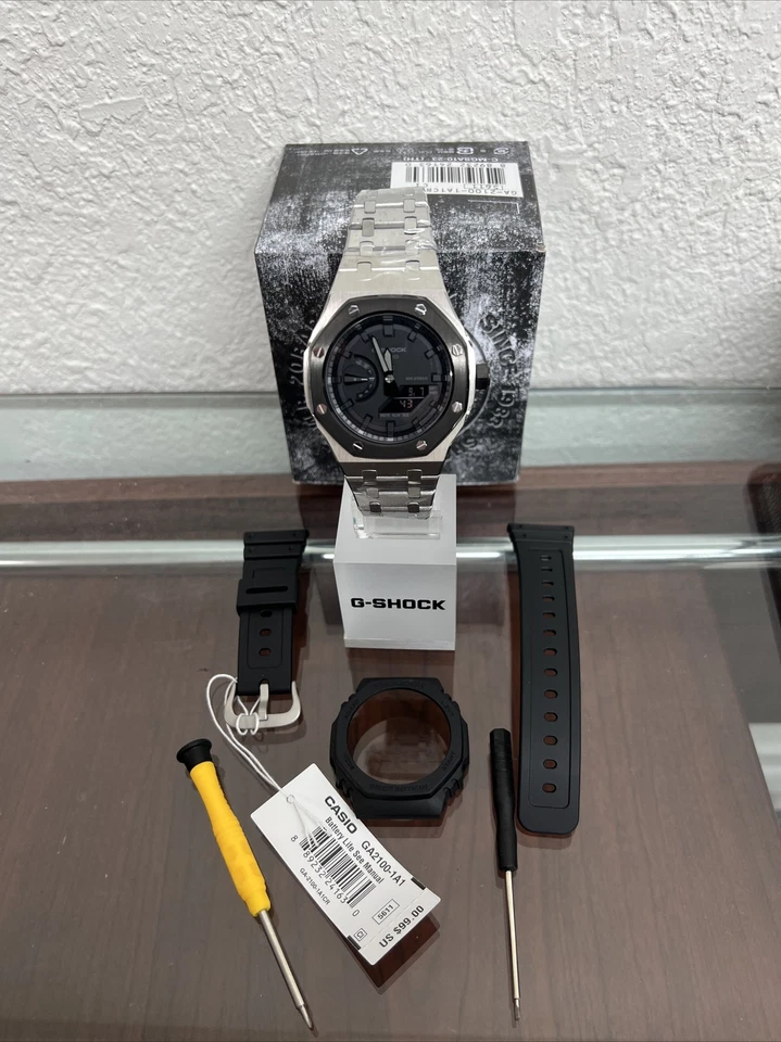 Casioak Mod Custom Metal Watch Casio G-Shock GA-2100 Turquoise Aqua Blue Strap