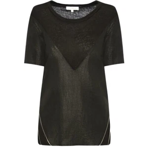 NWOT Sandro Linen Shirt Short Sleeve Faux Leather Grunge Zipper Black sz 3 Large - Picture 1 of 11