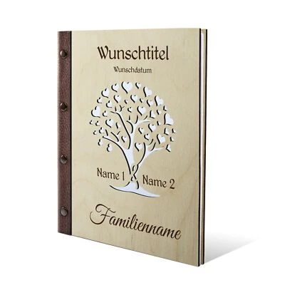 Personalisiertes Stammbuch Birkensperrholz Holz Leder A5 - Herzbaum - Bild 1 von 4