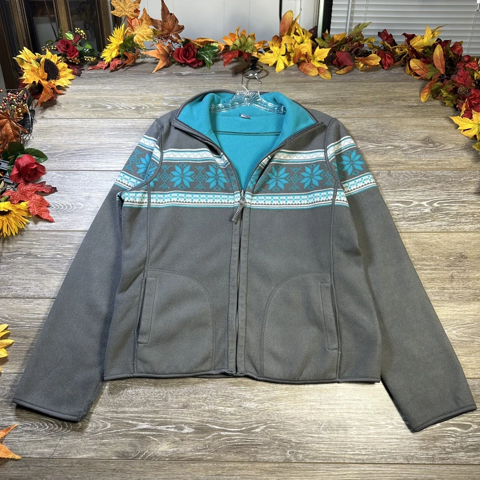 Laura Scott Jacket Size Large Reversible Gray Turquoise Fleece Windbreaker Coat - Image 1 of 4