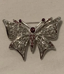 Vintage Silver Tone Purple Rhinestone Butterfly Insect Bug Brooch - Picture 1 of 3