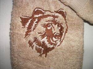 BROWN BEAR FACE DESIGN, EMBROIDERED HAND TOWEL & FACECLOTH, TAN