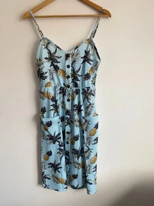 Summer Dress Womens Large Blue Pineapple Print Strappy Buttons Pockets V-Neck - Picture 1 of 7