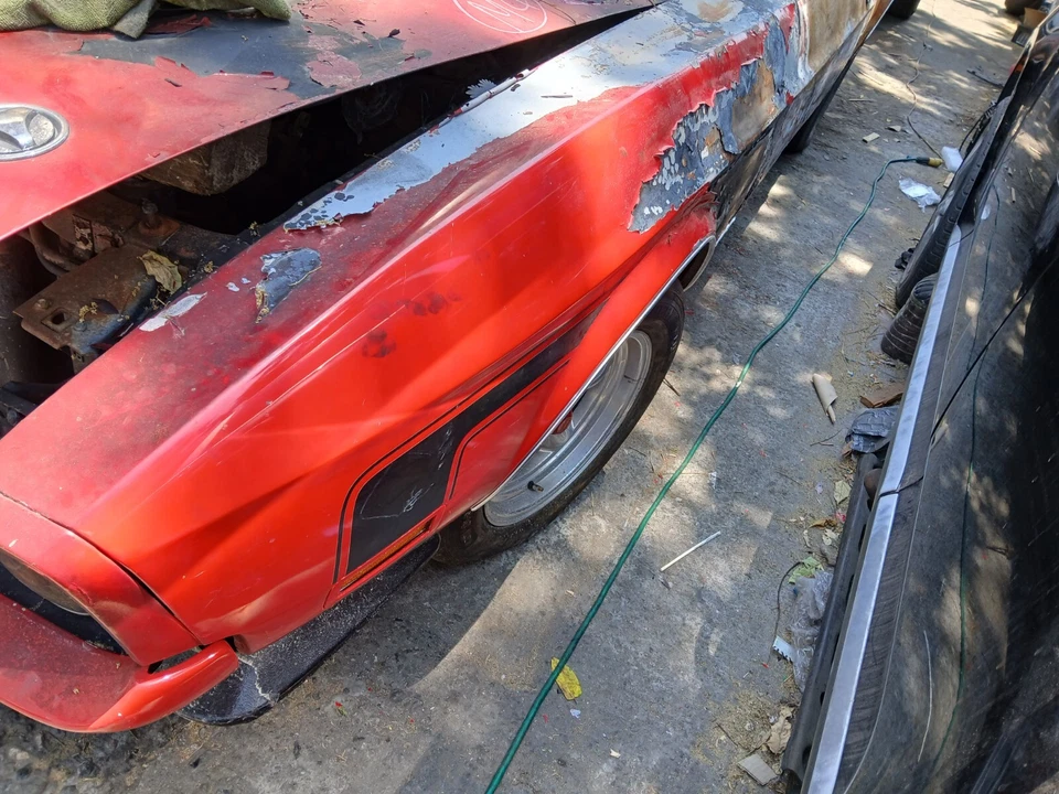 71 Mustang Driver Front Fender has fire damage at rear no shipping - Image 1 of 4