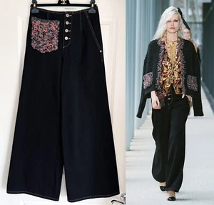 NEW CHANEL 22A WIDE LEG BLACK JEANS PANTS CC LOGO BUTTONS 38 - Picture 1 of 18