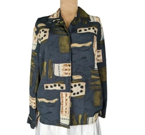 Vtg Claudia Richard  L/XL Graphic Print Button Up Blouse Art to Wear Lagenlook - Picture 1 of 20