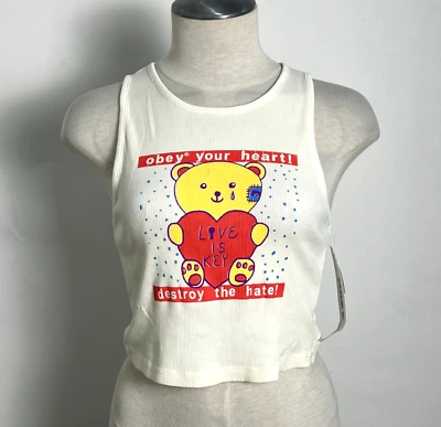 Obey Women's Cropped Tank Top Obey Your Heart Unbleached Size S NEW Teddy Bear - Image 1 of 4