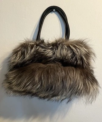 ADRIENNE LANDAU SILVER FOX & BLACK LEATHER HANDBAG — VINTAGE NEW WITH TAGS/NWT - Image 1 of 4