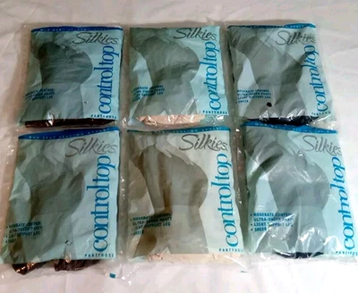 6 Vintage Silkies Control Top Sheer Pantyhose Black Navy Ivory Nylon USA NEW! - Image 1 of 4