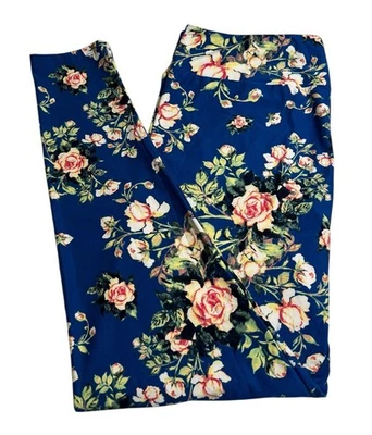 LuLaRoe Leggings TC2 Tall Curvy 2 Floral BLUE PINK Colorful ROSE Leaf FAST Ship - Image 1 of 4