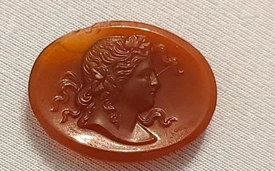 Victorian Carnelian Glass Cameo 1.25" , Ancient Muse - Image 1 of 2