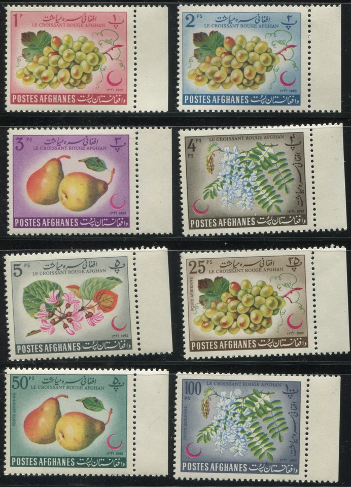 Afghanistan 1962 Red Crescent MNH Set 8 Fruits Flowers Grapes Pears Scott 656-66 - Image 1 of 1
