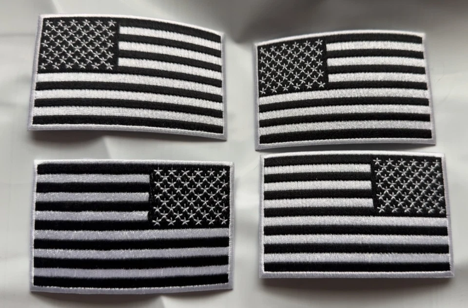 USA American Flag Embroidered Iron-On (4 patches) 2.25x3.5" BLK/WHT Reverse Set - Image 1 of 1