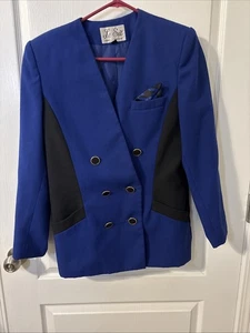 Vintage LE SUIT Womens Blazer 10 Blue Black Double Breasted Preppy Career - Picture 1 of 11