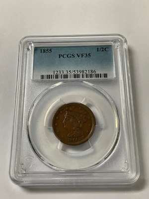 1855 Braided Hair Cent 1/2C PCGS VF35 53982186 - Image 1 of 2