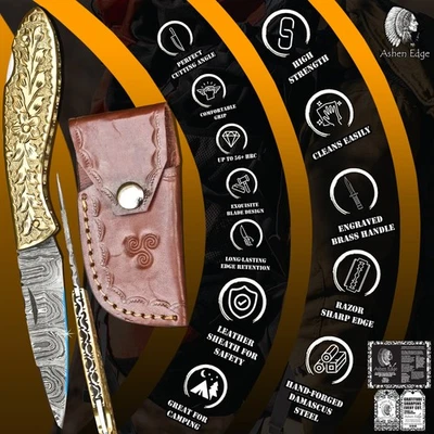 Faca dobrável Ashen Edge feita à mão torção latão gravada caça Damasco - Imagem 1 de 4