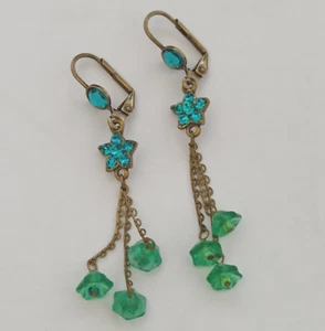 Michal Negrin Earrings Long Turquoise Blue Green Tassel Chain Crystals Stars Box - Picture 1 of 11