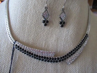  NUEVO CON ETIQUETAS Swarovski Transparente/Piedra Negra Tono Plata/Gargantilla Collar/Pendientes a Juego Foto 1 de 4