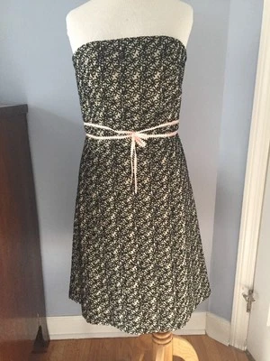 Vestido HELEN WANG Crema con Flores Negras Margaritas Floral Algodón Sin Tirantes Talla 8 Foto 1 de 4