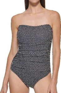 DKNY Women's One-Piece Swimsuit in Black and White Ruched Detail SMALL  - Picture 1 of 9