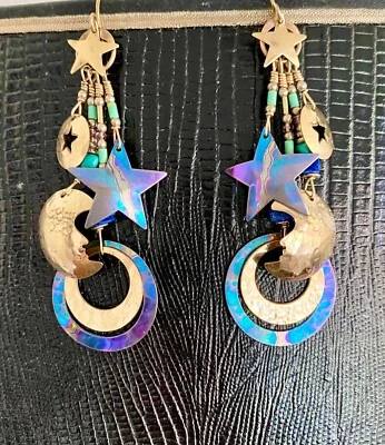 Pendientes Araña TABRA Niobio 14K GF Repoussé Luna Media Luna y Estrellas Firmados Foto 1 de 4