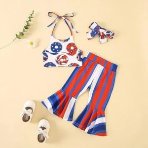 3PCS Infant Baby Girl Summer Clothes Set Off Shoulder Tops Flare Pants Headband - Picture 1 of 10