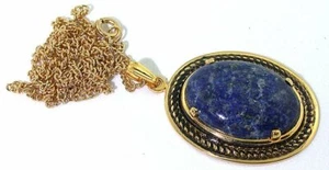 Vintage 25x18 Oval Lapis Cabochon Antique Gold Pendant 18 Inch Goldplated Chain - Picture 1 of 2