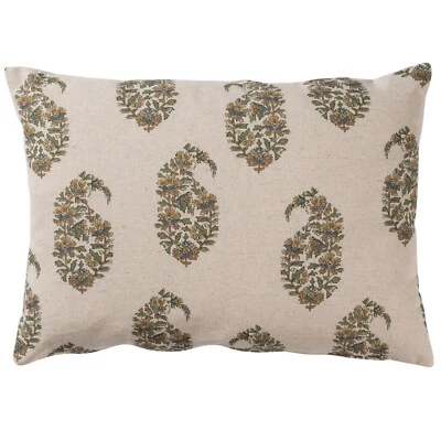 Kashmir Paisley Linen Blend Boudoir Cushion. Green and Brown Floral. 17x12" - Image 1 of 4