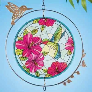 Stained Glass Style Hummingbird Floral Hanging Glass Suncatcher Wind Spinner - Picture 1 of 1